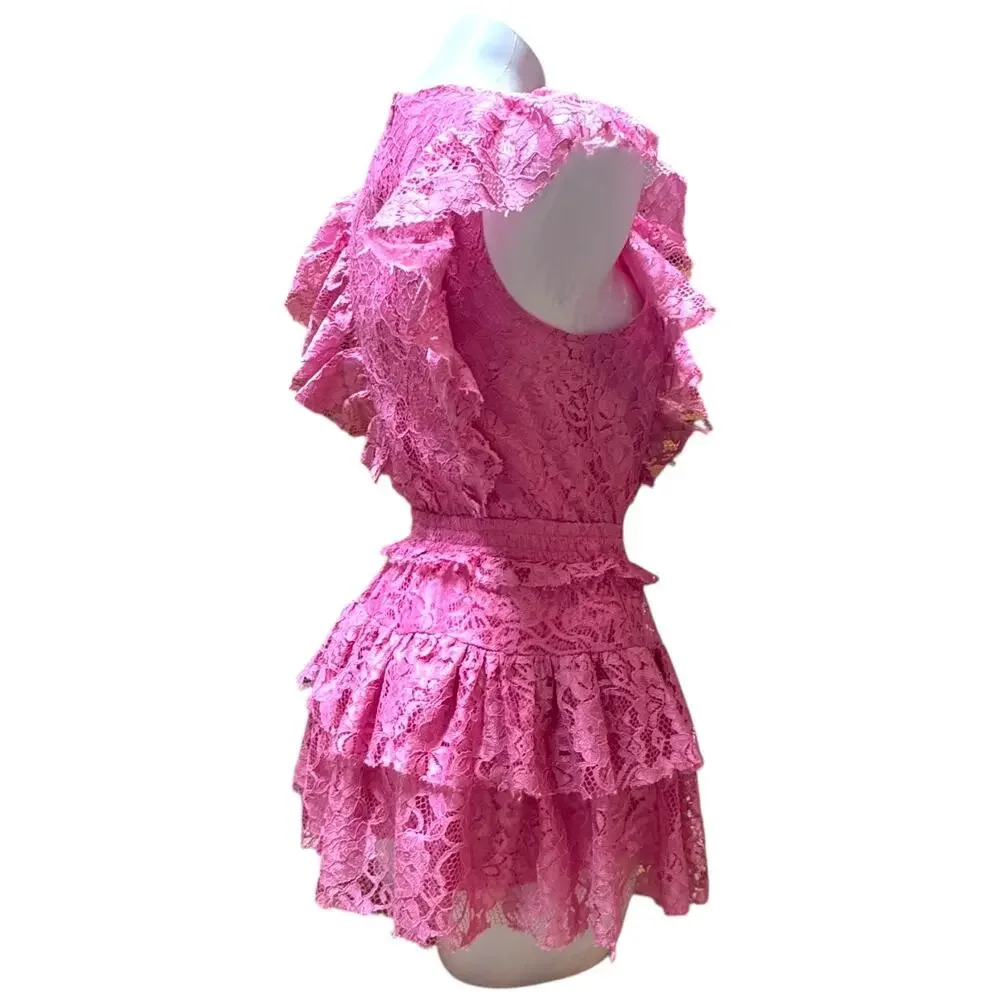 Idem Ditto Layered Lace Romper Mini Dress Pink Small